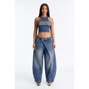 Unbranded Wide Leg Crossover Waist Jeans Women Small Blue Good Baggy Streetwear